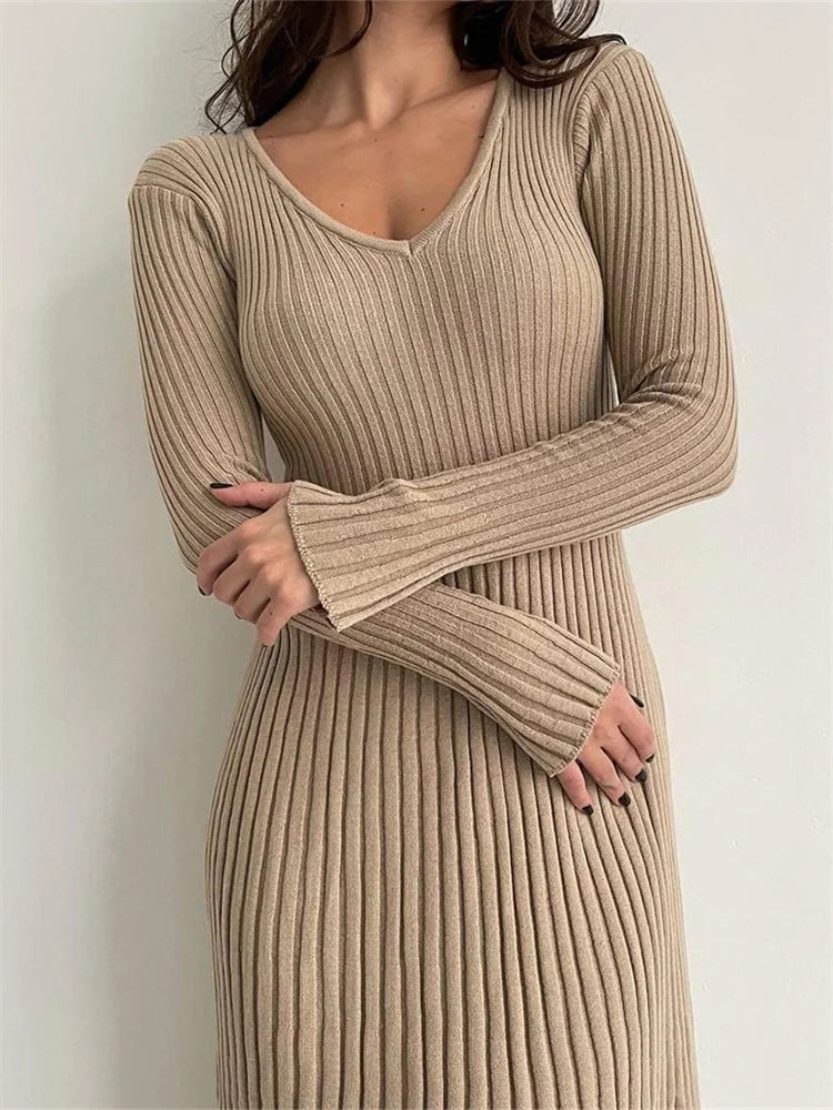 EP | robe midi à manches longues côtelée Slim Fit Solid Automne