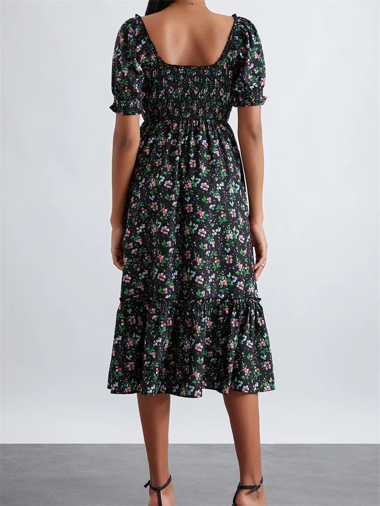 EP | Imprimé floral d'été Encolure carrée Manches courtes bouffantes Robe midi plissée