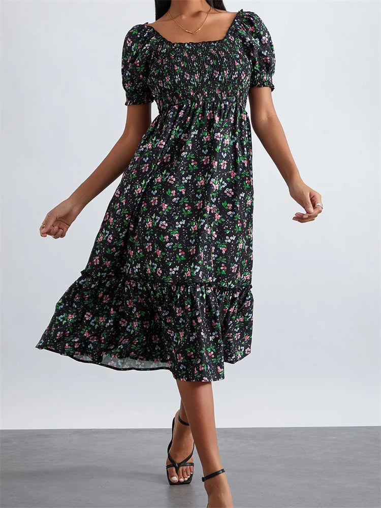 EP | Imprimé floral d'été Encolure carrée Manches courtes bouffantes Robe midi plissée