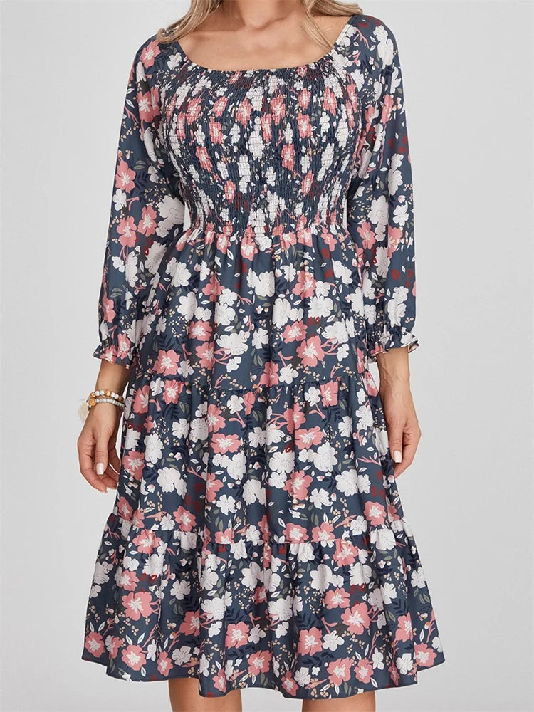 EP | Bohemian Floral Print Robe midi à manches longues et taille haute en ligne A