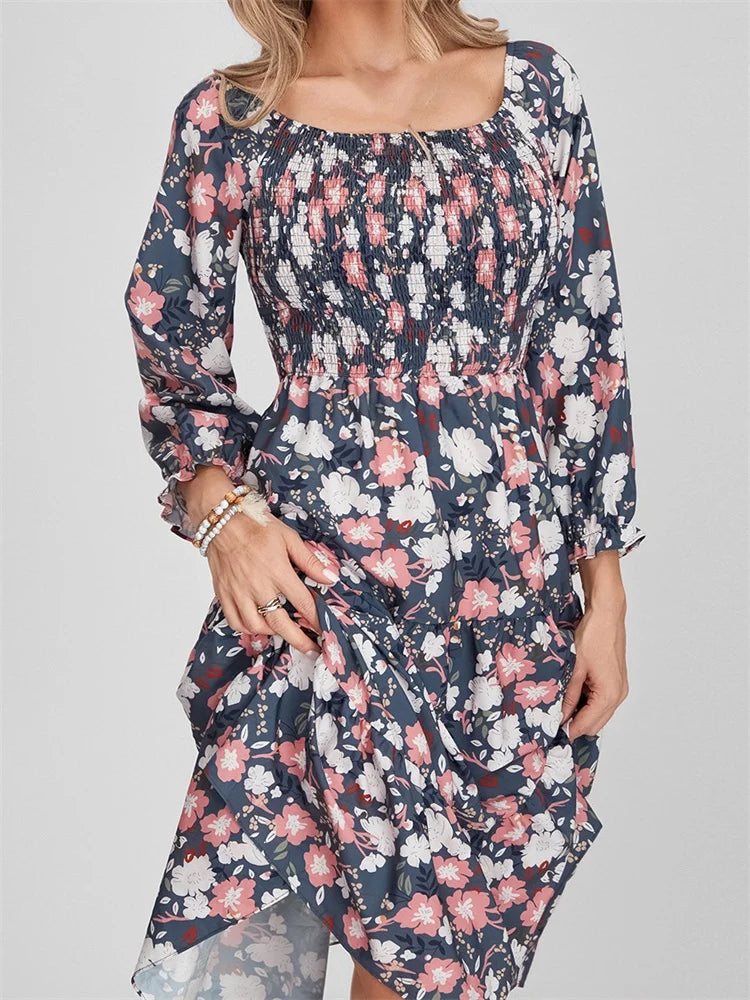 EP | Bohemian Floral Print Robe midi à manches longues et taille haute en ligne A