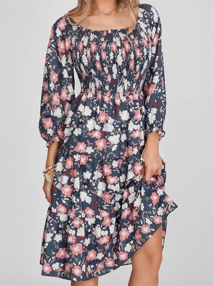 EP | Bohemian Floral Print Robe midi à manches longues et taille haute en ligne A