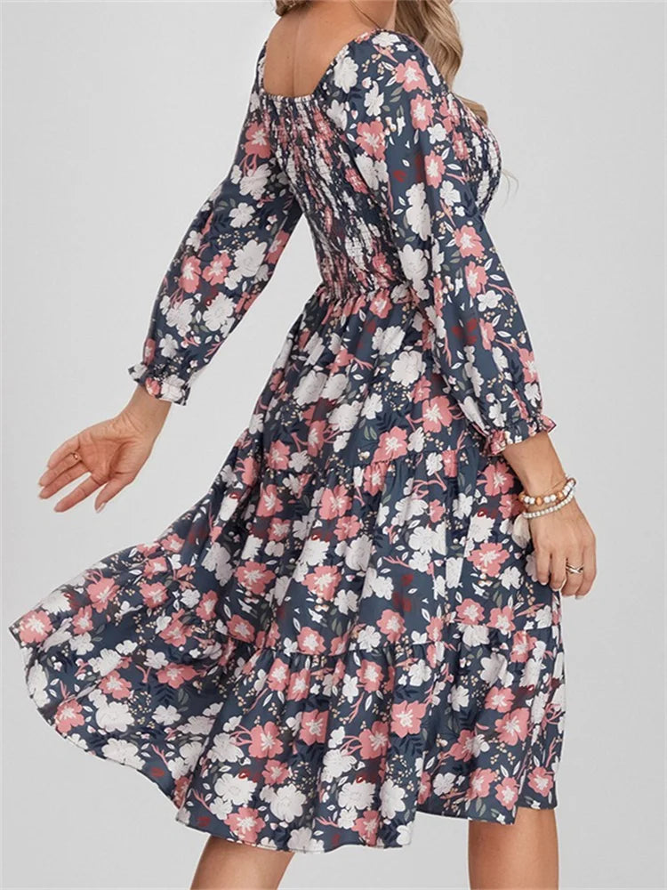 EP | Bohemian Floral Print Robe midi à manches longues et taille haute en ligne A