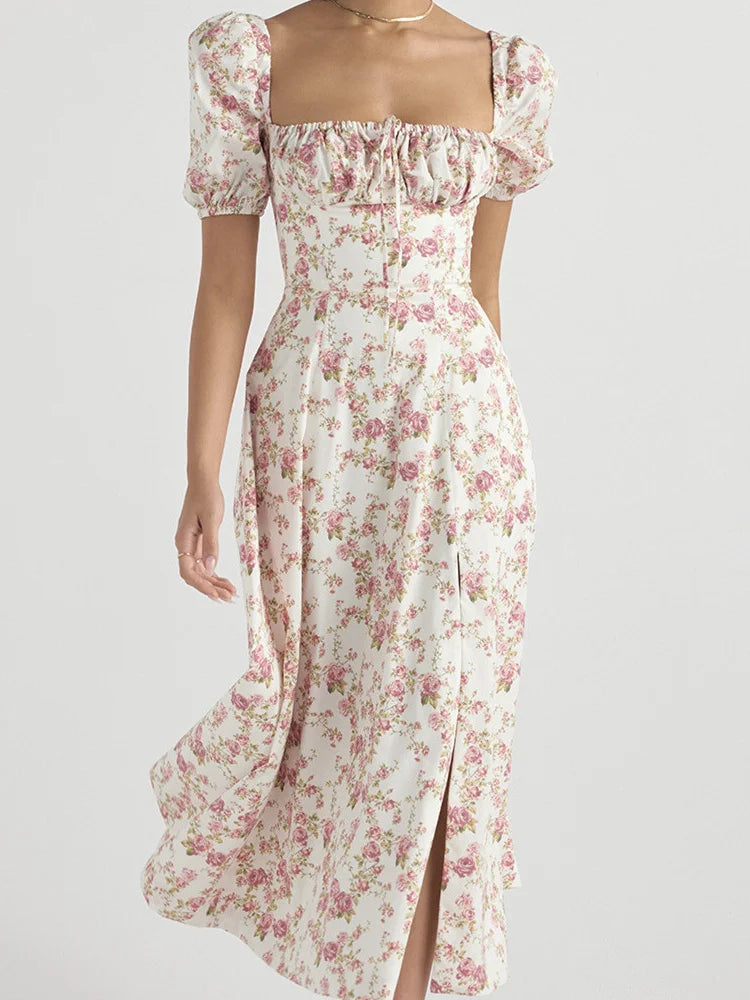 EP | Carré Décolleté Floral Imprimé Lacets Sans Manches Bretelles Spaghetti Robe Midi