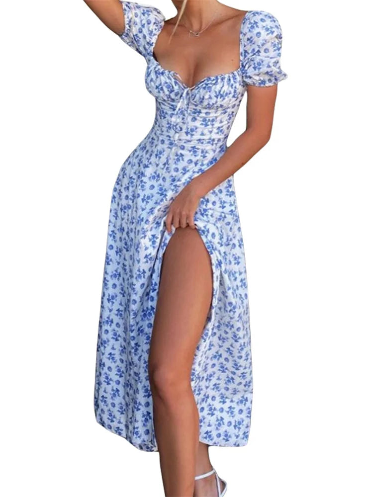 EP | Carré Décolleté Floral Imprimé Lacets Sans Manches Bretelles Spaghetti Robe Midi