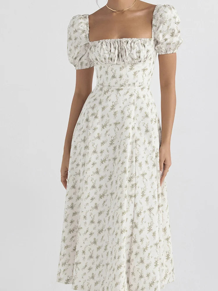 EP | Carré Décolleté Floral Imprimé Lacets Sans Manches Bretelles Spaghetti Robe Midi