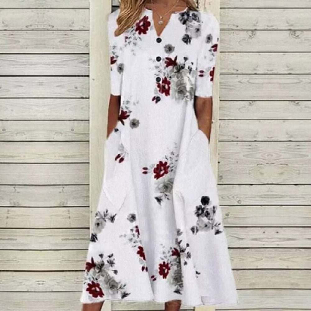 EP | Robe midi pour femme - décolleté en V - boutonnage - manches courtes - imprimé floral papillon - poches