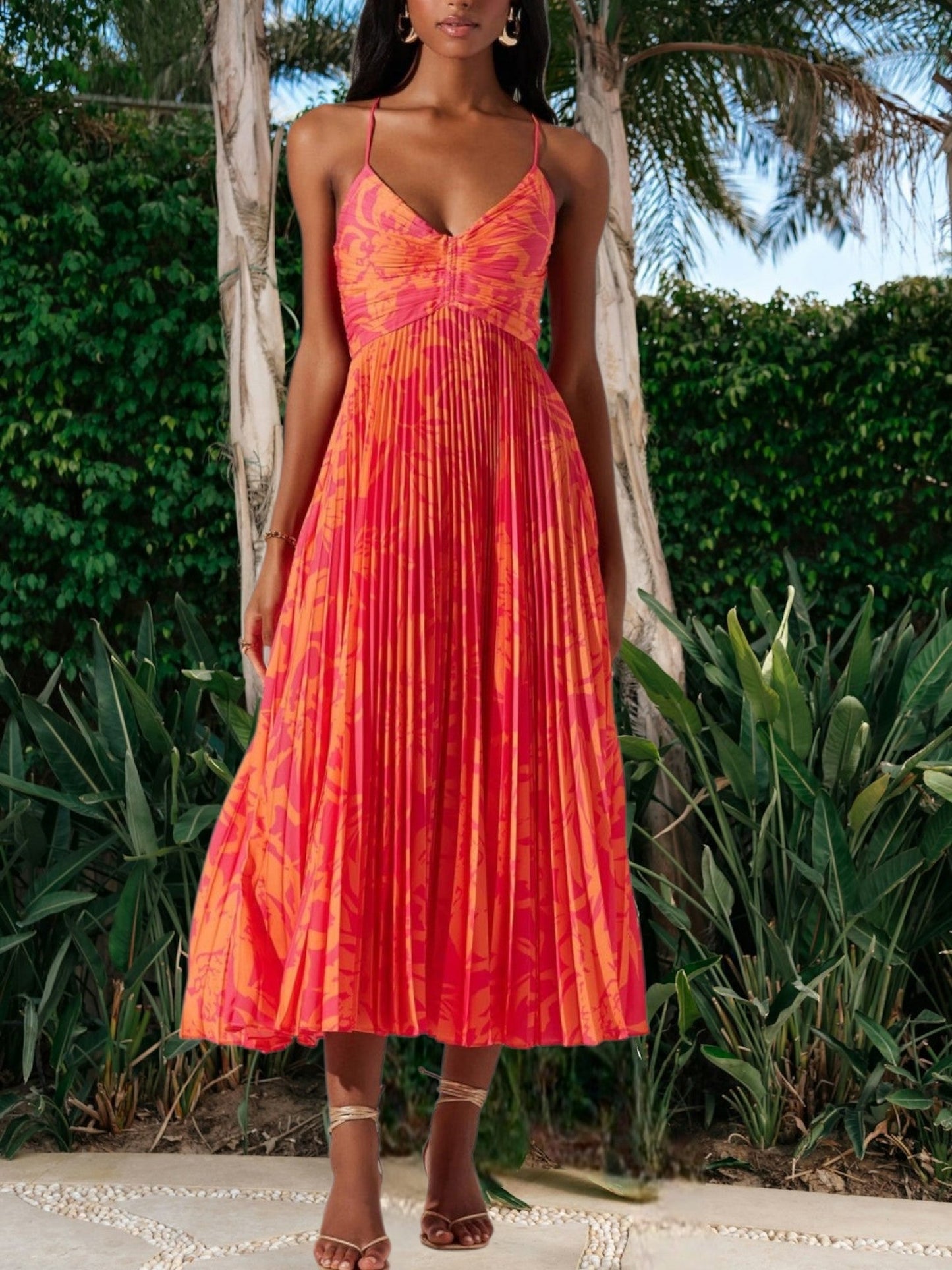 EP | Robe midi élégante pour femme avec imprimé floral, plis et tissu respirant