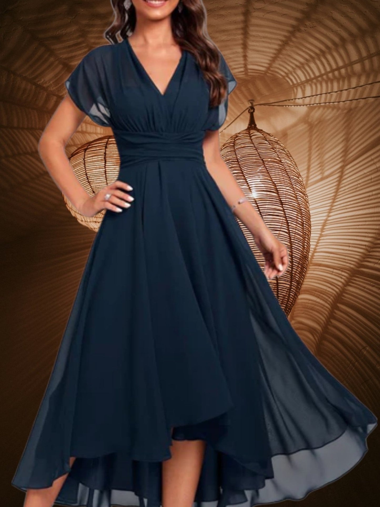 EP | Robe midi femme col V manches courtes avec jupe équipée