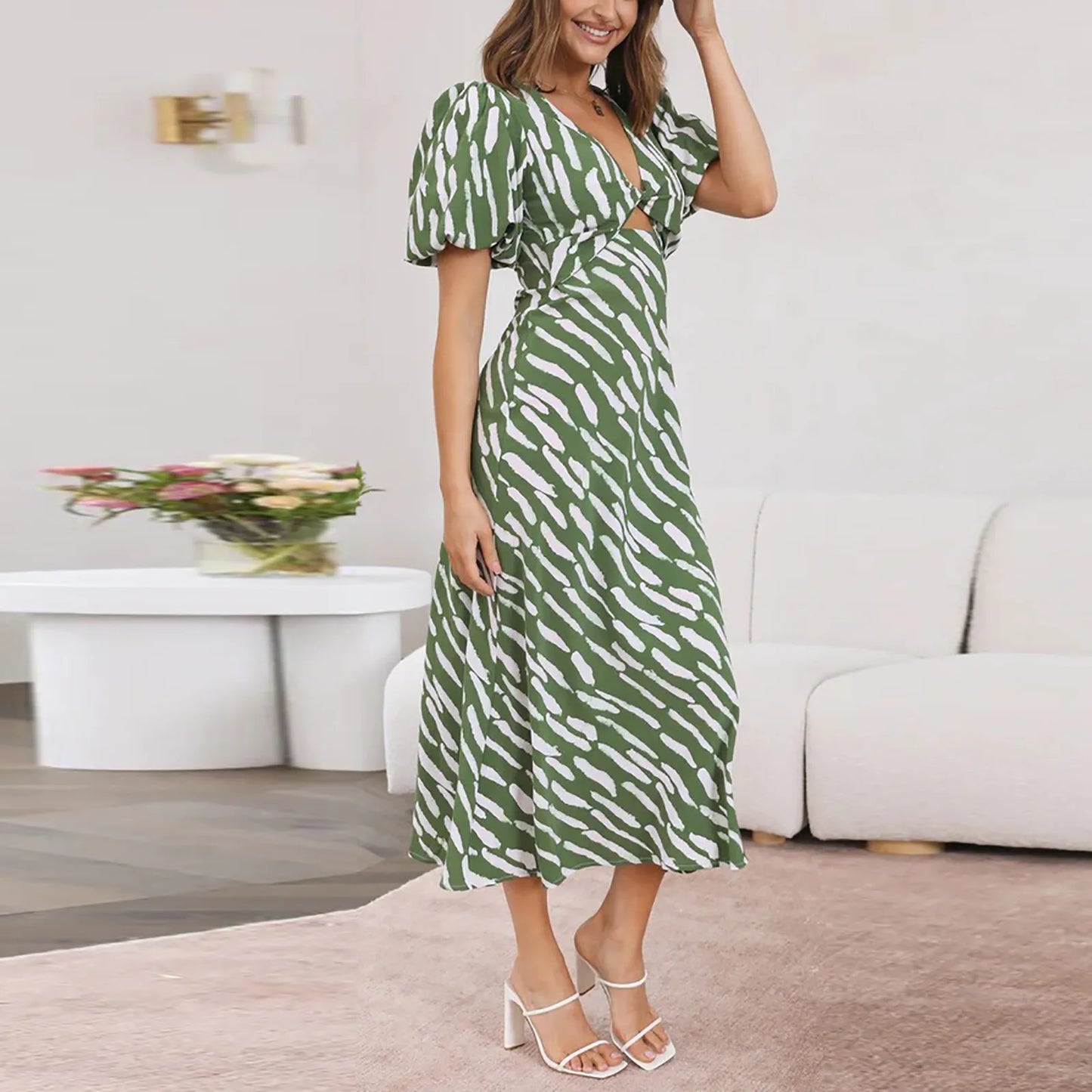 EP | 2024 Elégante robe midi boho rayée col V manches bouffantes