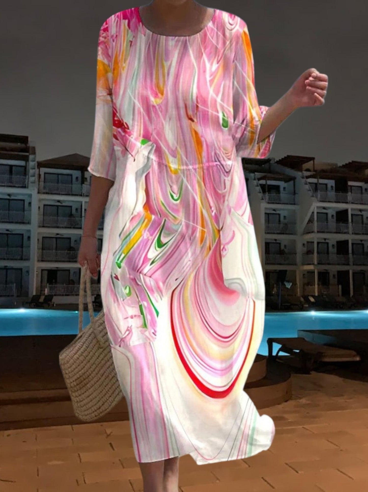 EP | Robe midi élégante en matière légère et fluide, manches 3/4 avec imprimé floral