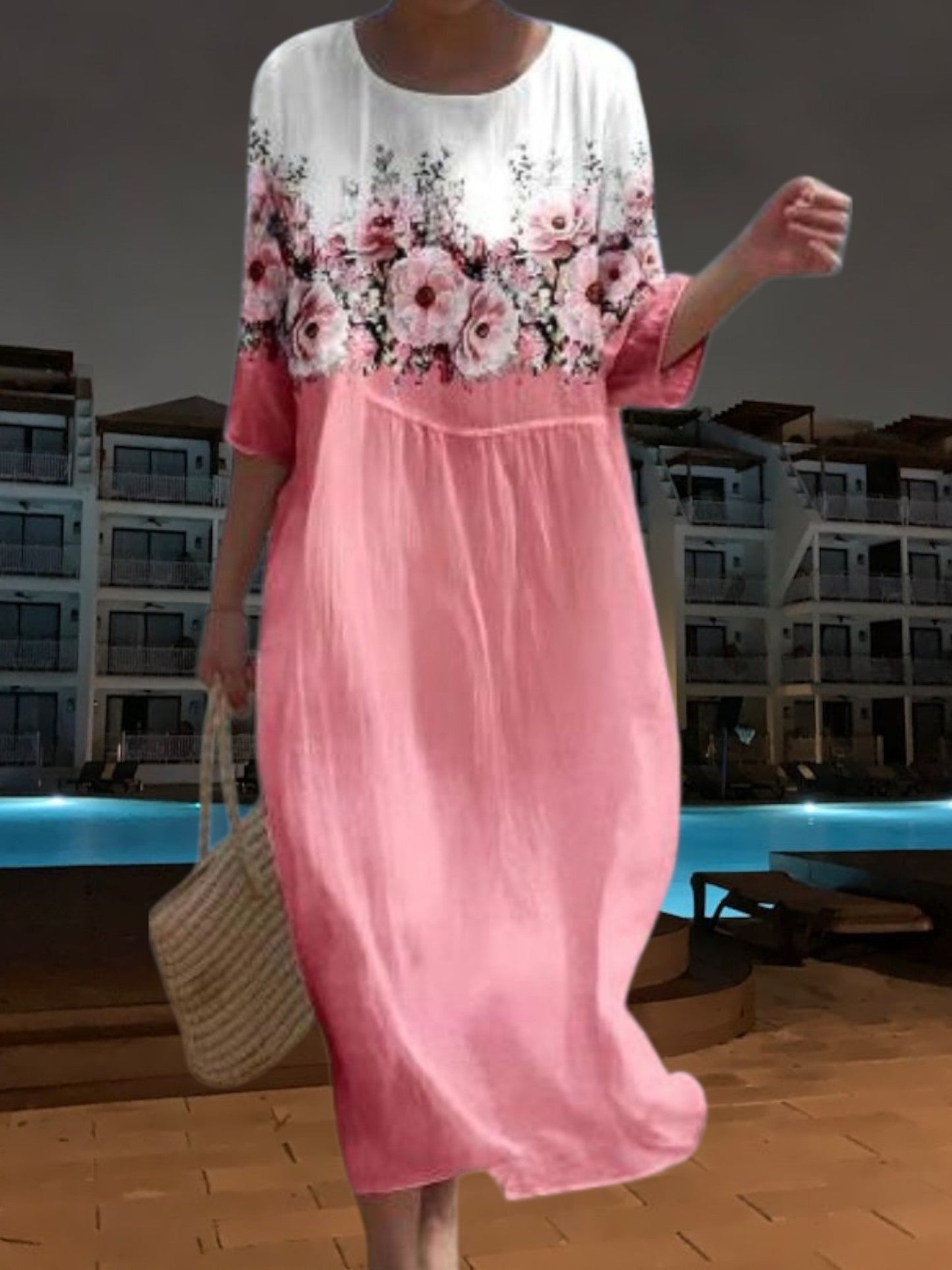 EP | Robe midi élégante en matière légère et fluide, manches 3/4 avec imprimé floral