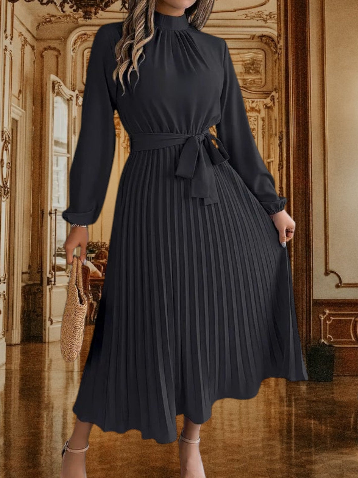 EP | Robe midi plissée avec ceinture à la taille et manches longues