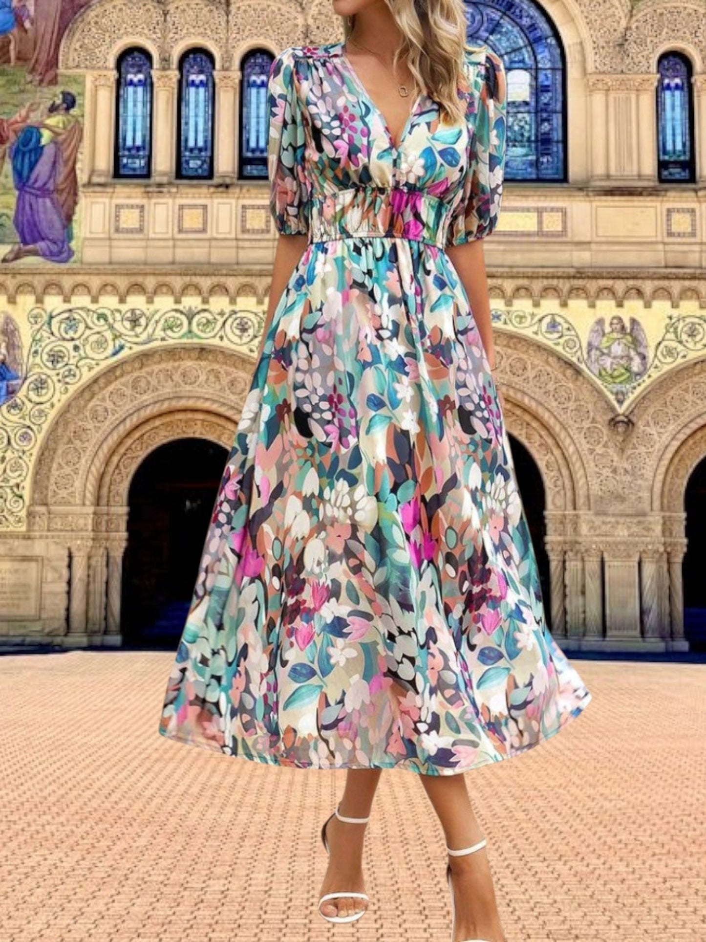 EP | Robe midi florale à manches bouffantes