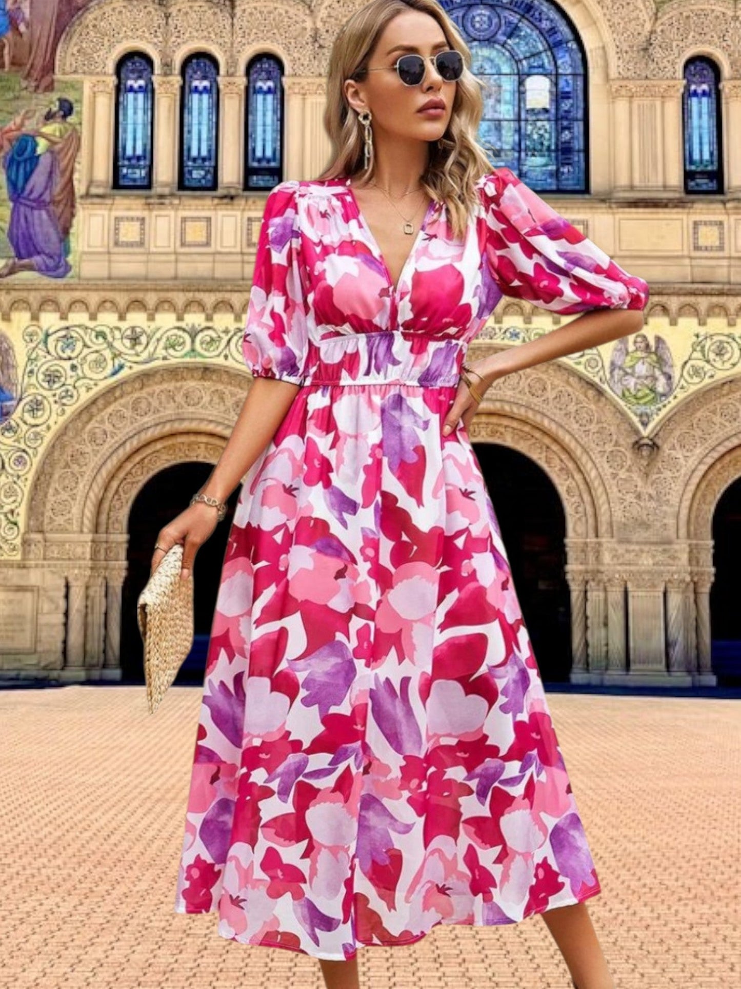 EP | Robe midi florale à manches bouffantes