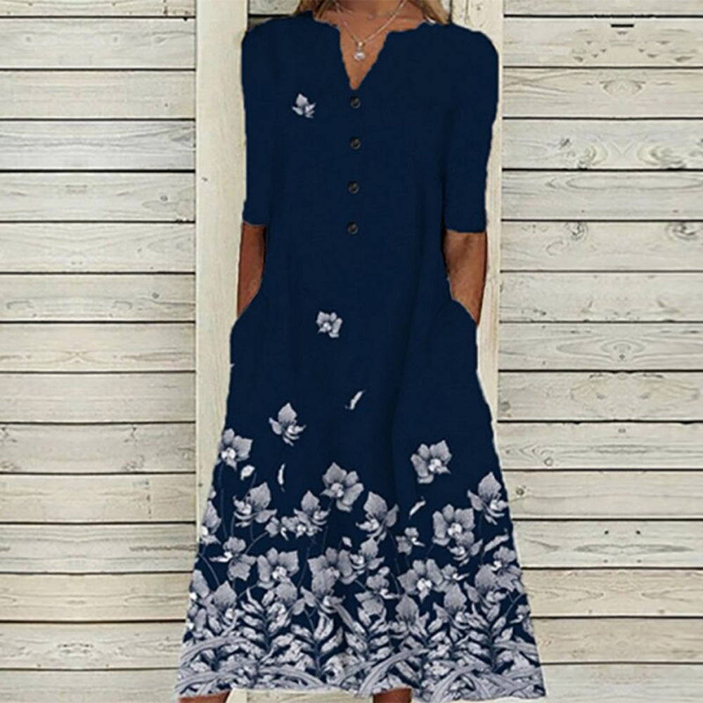 EP | Robe midi pour femme - décolleté en V - boutonnage - manches courtes - imprimé floral papillon - poches
