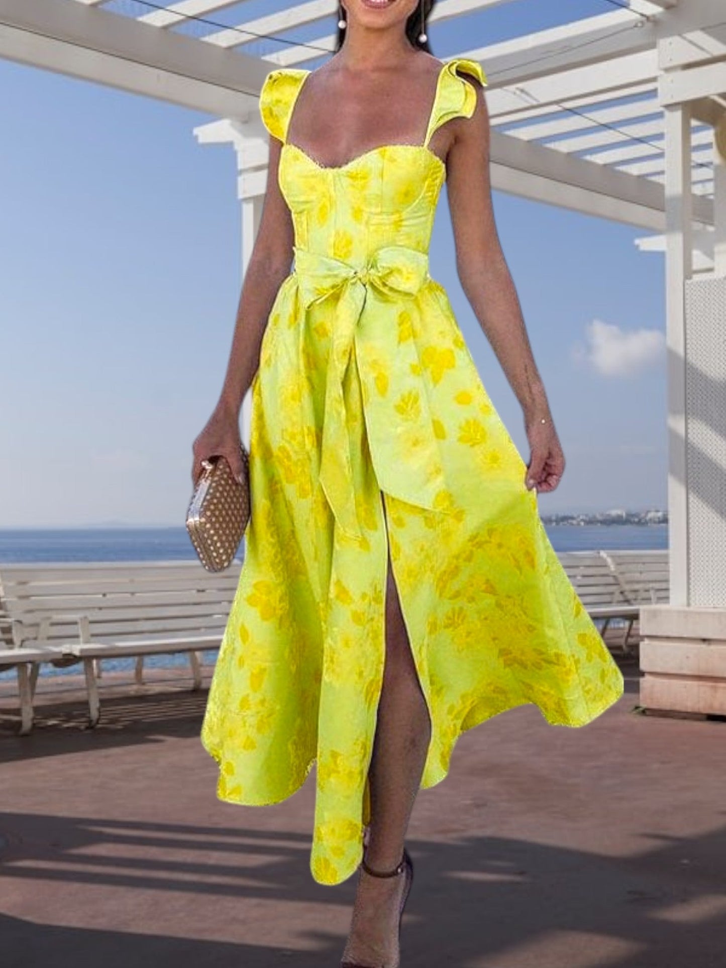 EP | Robe midi fleurie avec cravate à la taille Poids plume