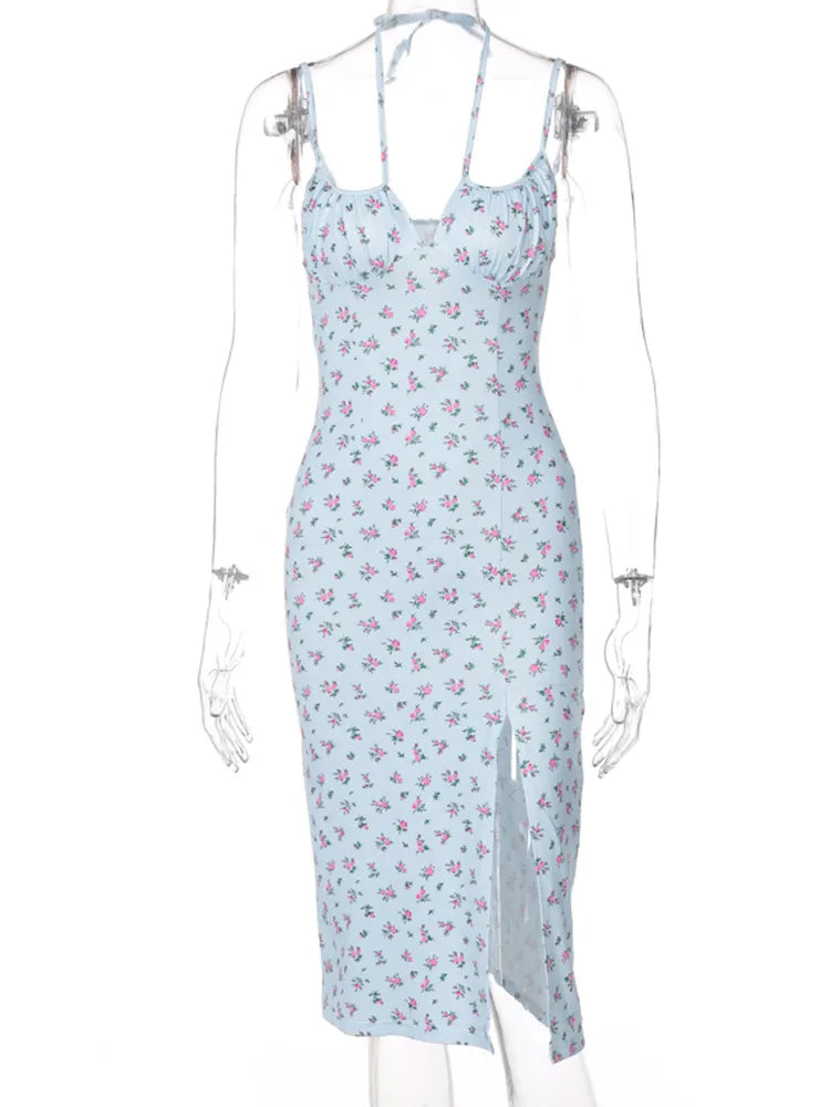EP | Sans manches Satin Slip Floral Ruché Bandage Découpé Maxi Party Club Robe Midi