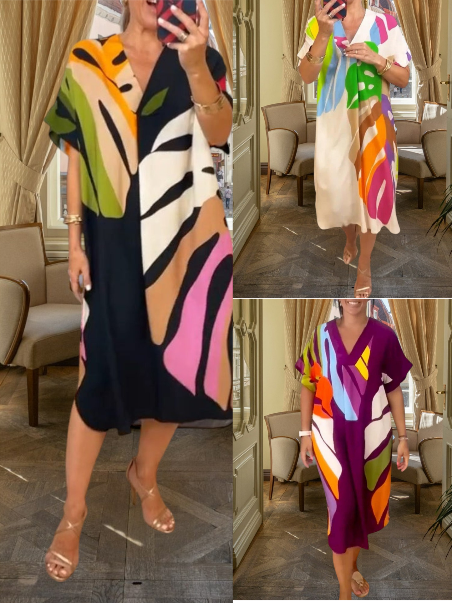 EP | Robe midi vive en coton mélangé avec col en V et manches courtes, idéale pour le printemps et l'été