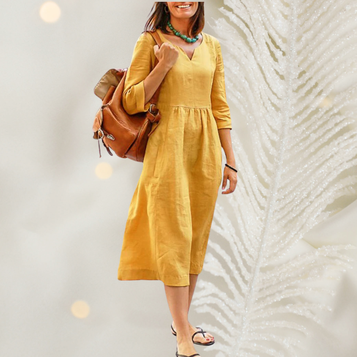 EP | Robe midi pour femme avec col en V et taille côtelée - aérée, élégante pour le printemps et l'été