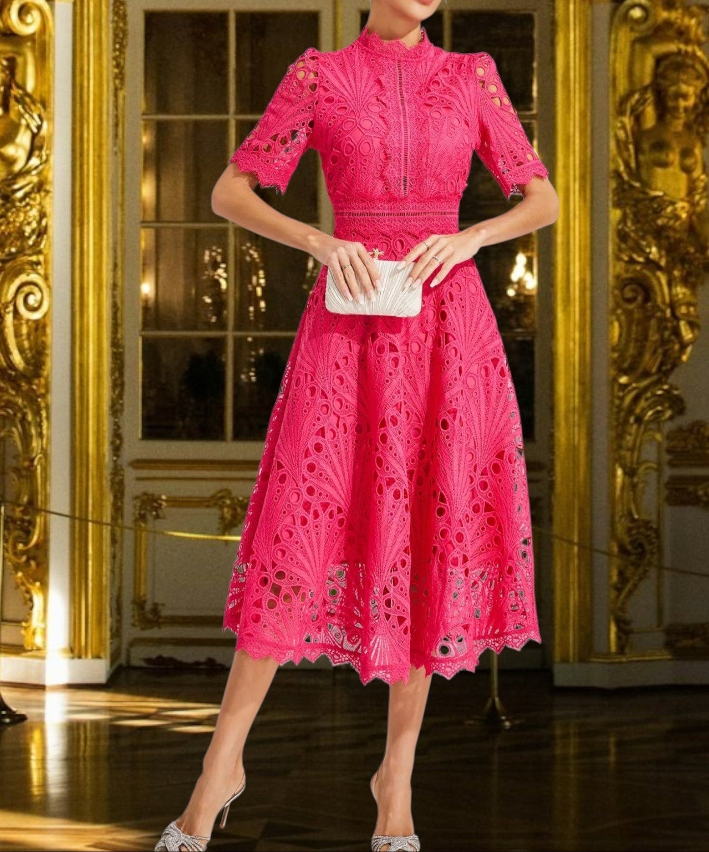 EP | Robe midi en dentelle avec un col rond flatteur