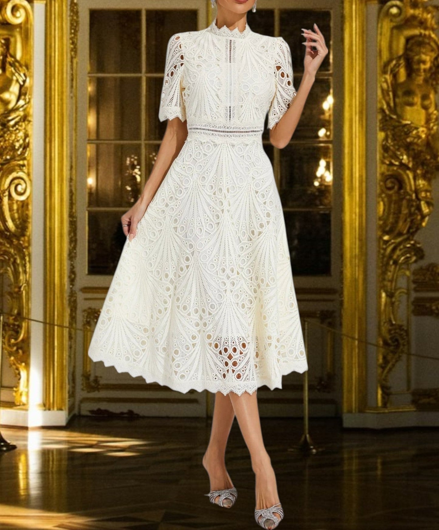 EP | Robe midi en dentelle avec un col rond flatteur