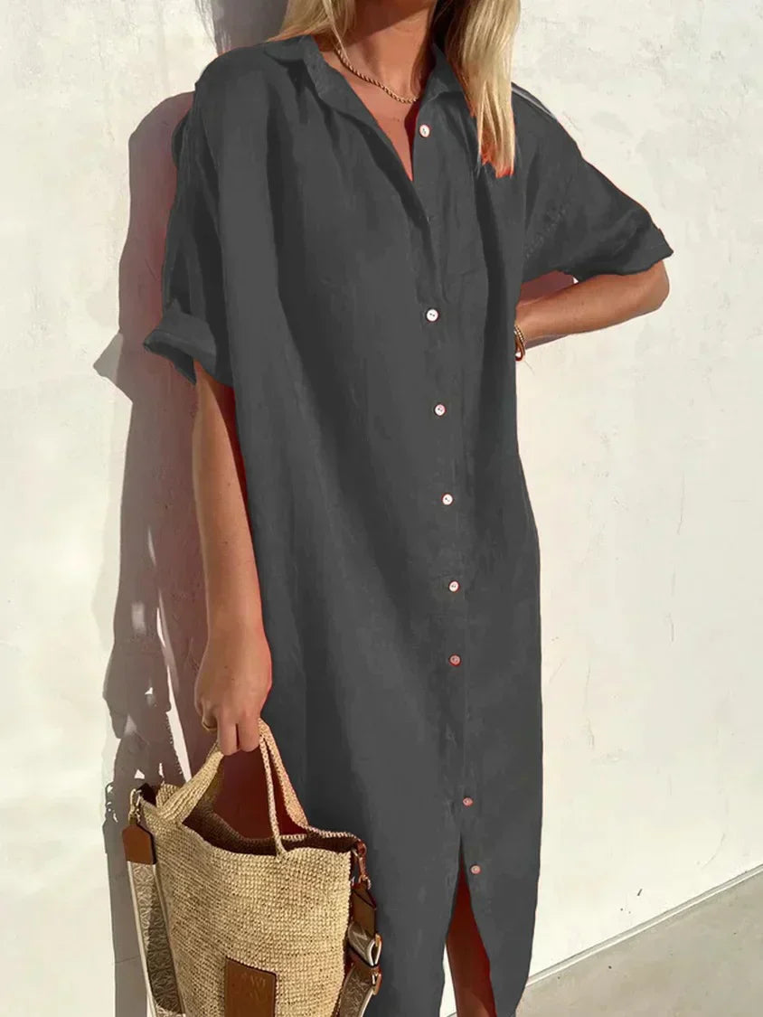 EP | Robe élégante et décontractée pour femme avec manches complètes et boutons Robe en coton et lin