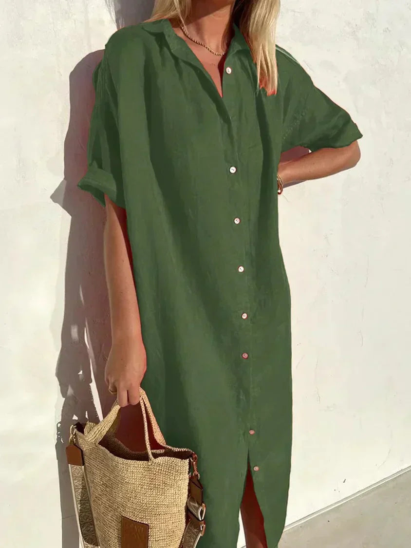 EP | Robe élégante et décontractée pour femme avec manches complètes et boutons Robe en coton et lin