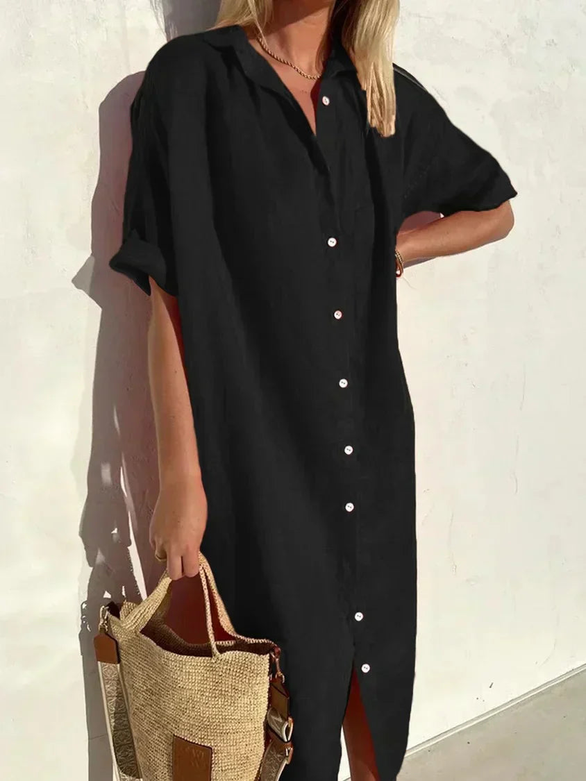 EP | Robe élégante et décontractée pour femme avec manches complètes et boutons Robe en coton et lin