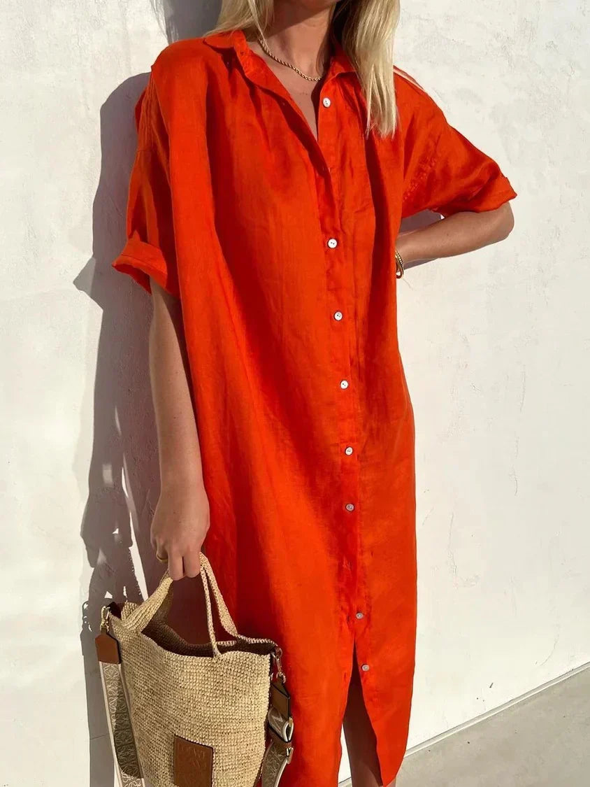 EP | Robe élégante et décontractée pour femme avec manches complètes et boutons Robe en coton et lin