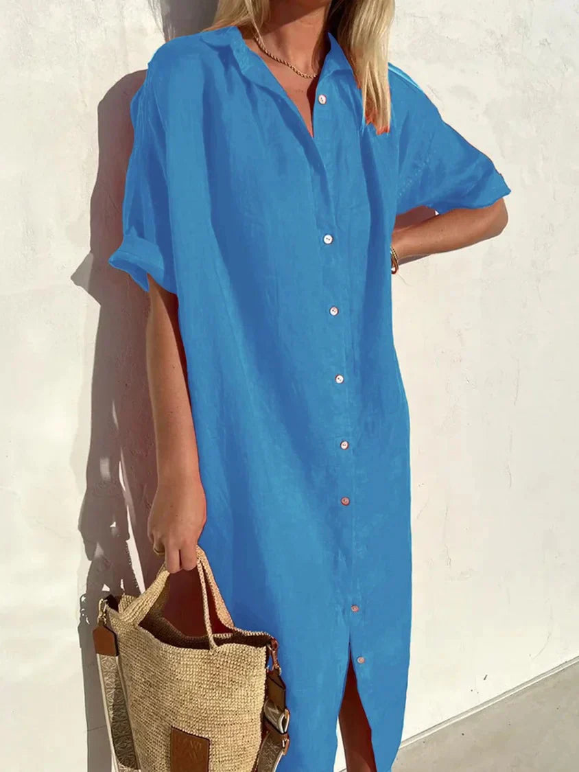 EP | Robe élégante et décontractée pour femme avec manches complètes et boutons Robe en coton et lin