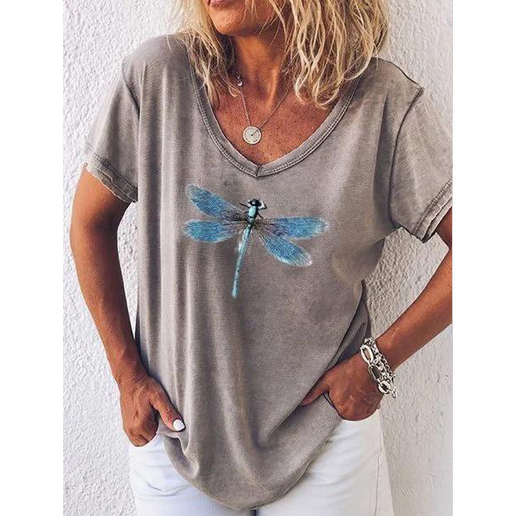 EP | T-shirt décontracté à col en V et manches courtes avec motif libellule