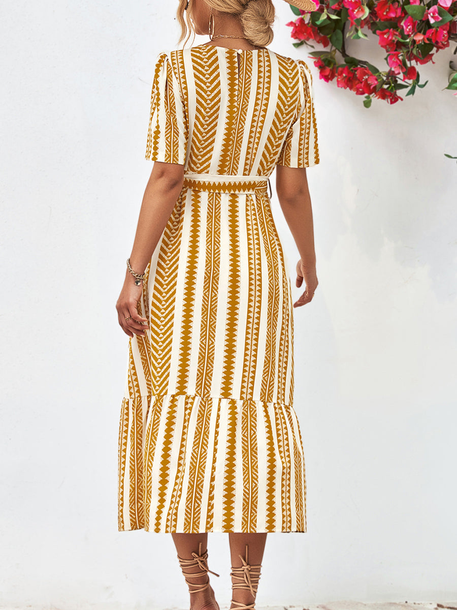EP | Cravate rayée Ceinture Encolure ronde Manches bouffantes Robe midi