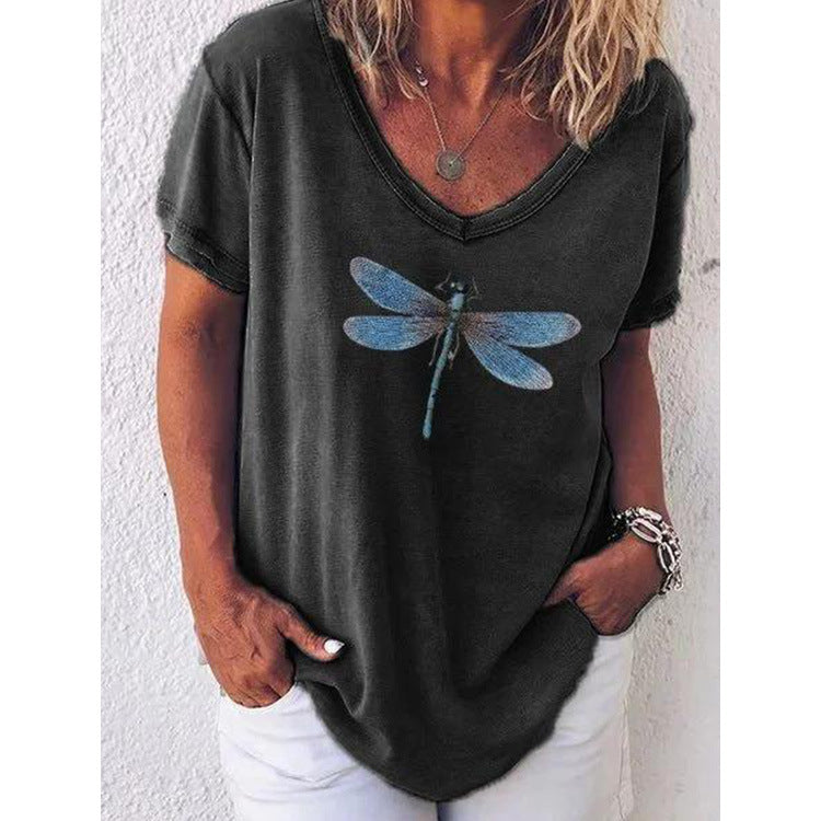 EP | T-shirt décontracté à col en V et manches courtes avec motif libellule