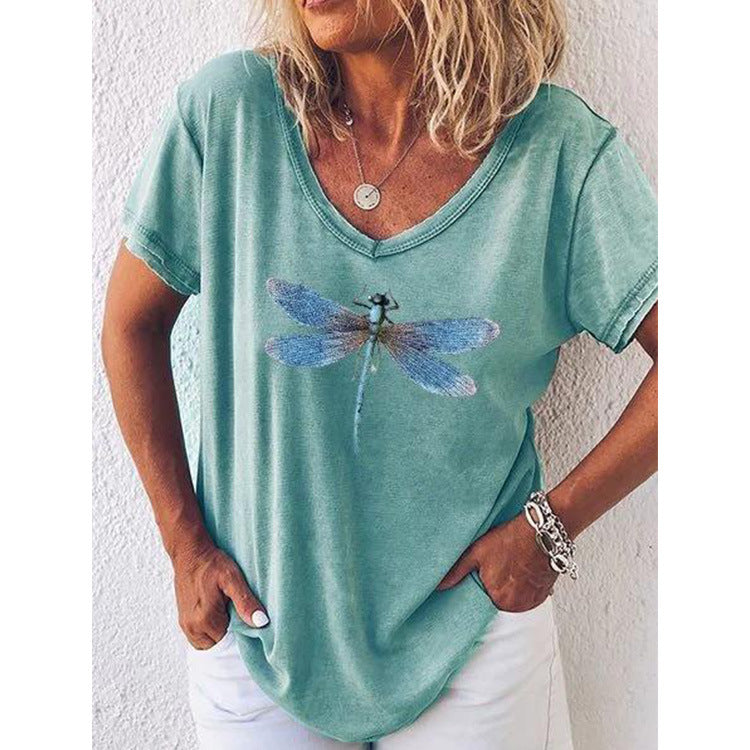 EP | T-shirt décontracté à col en V et manches courtes avec motif libellule