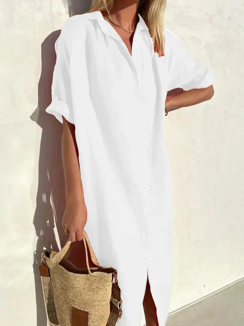 EP | Robe élégante et décontractée pour femme avec manches complètes et boutons Robe en coton et lin