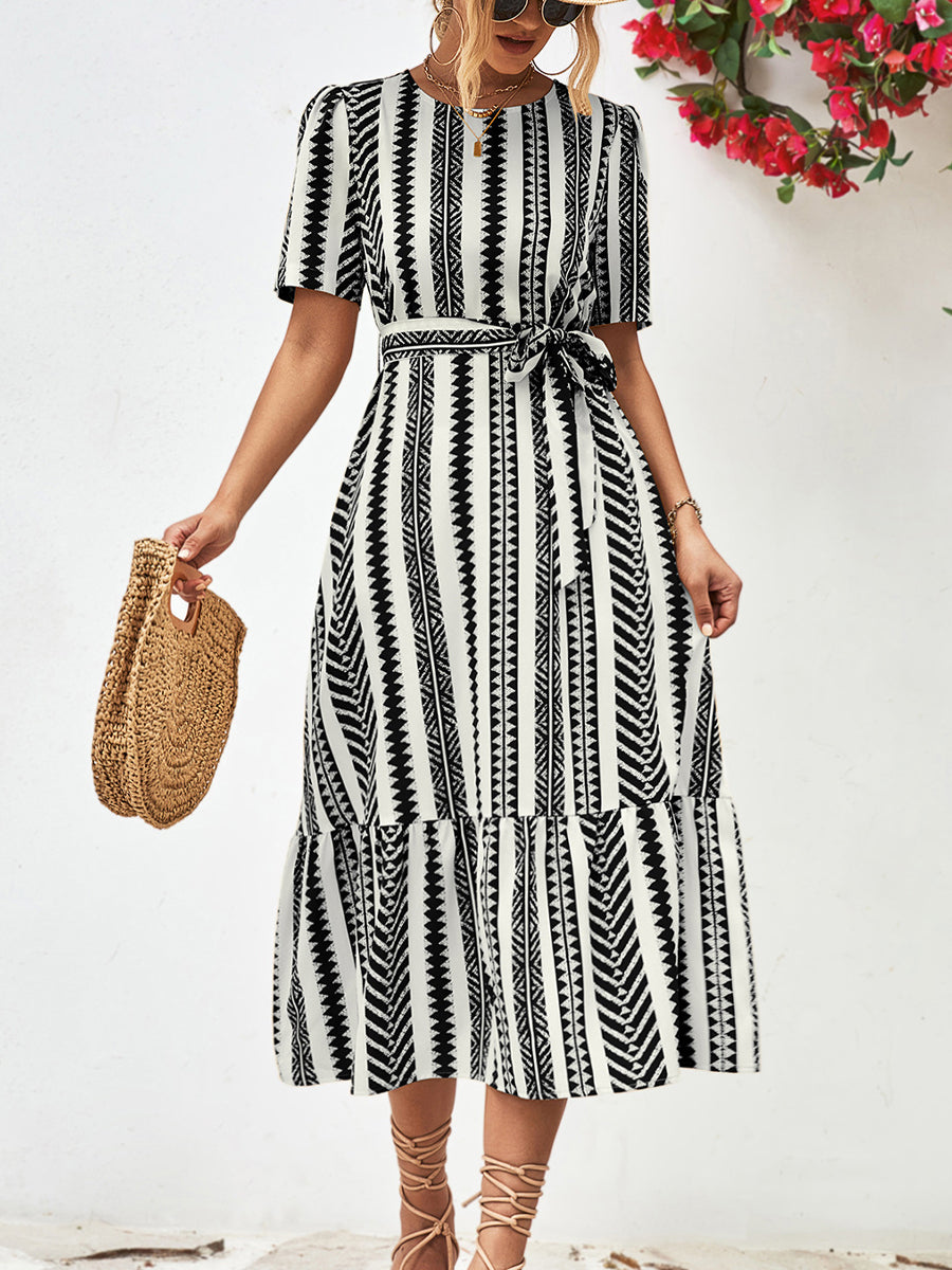 EP | Cravate rayée Ceinture Encolure ronde Manches bouffantes Robe midi