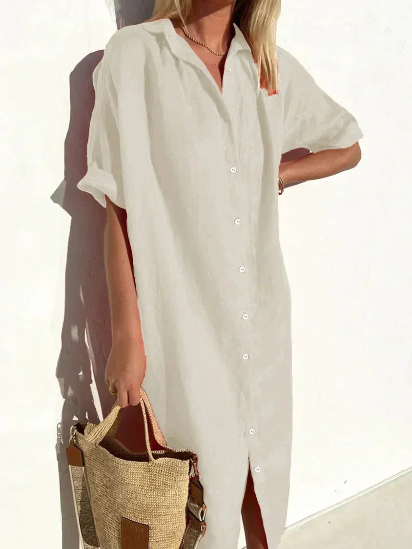 EP | Robe élégante et décontractée pour femme avec manches complètes et boutons Robe en coton et lin