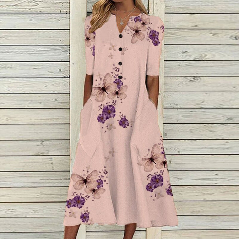 EP | Robe midi pour femme - décolleté en V - boutonnage - manches courtes - imprimé floral papillon - poches