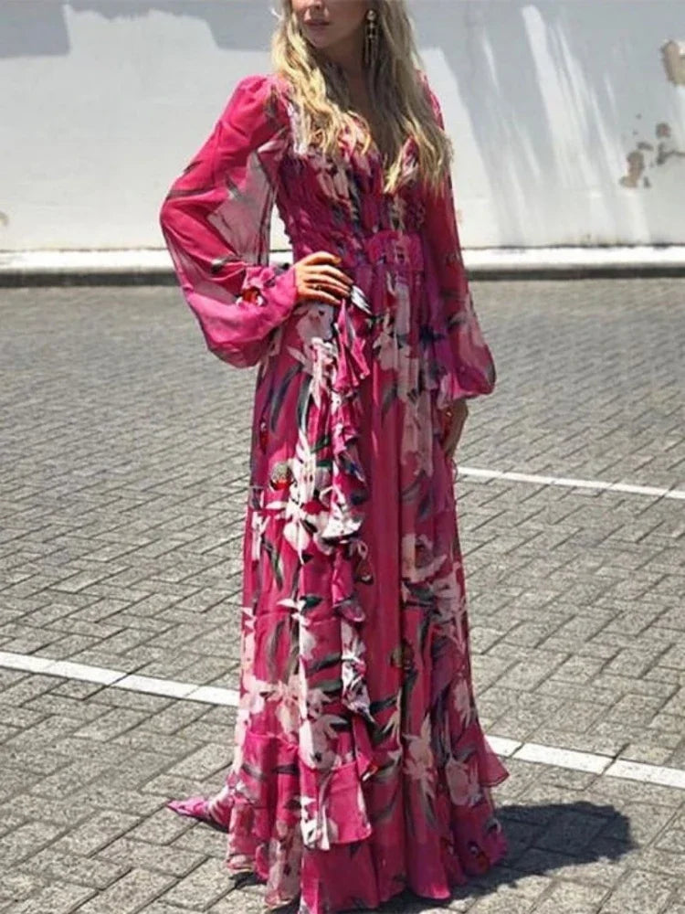 EP | Robe d'été à manches longues, décolleté en V et taille haute