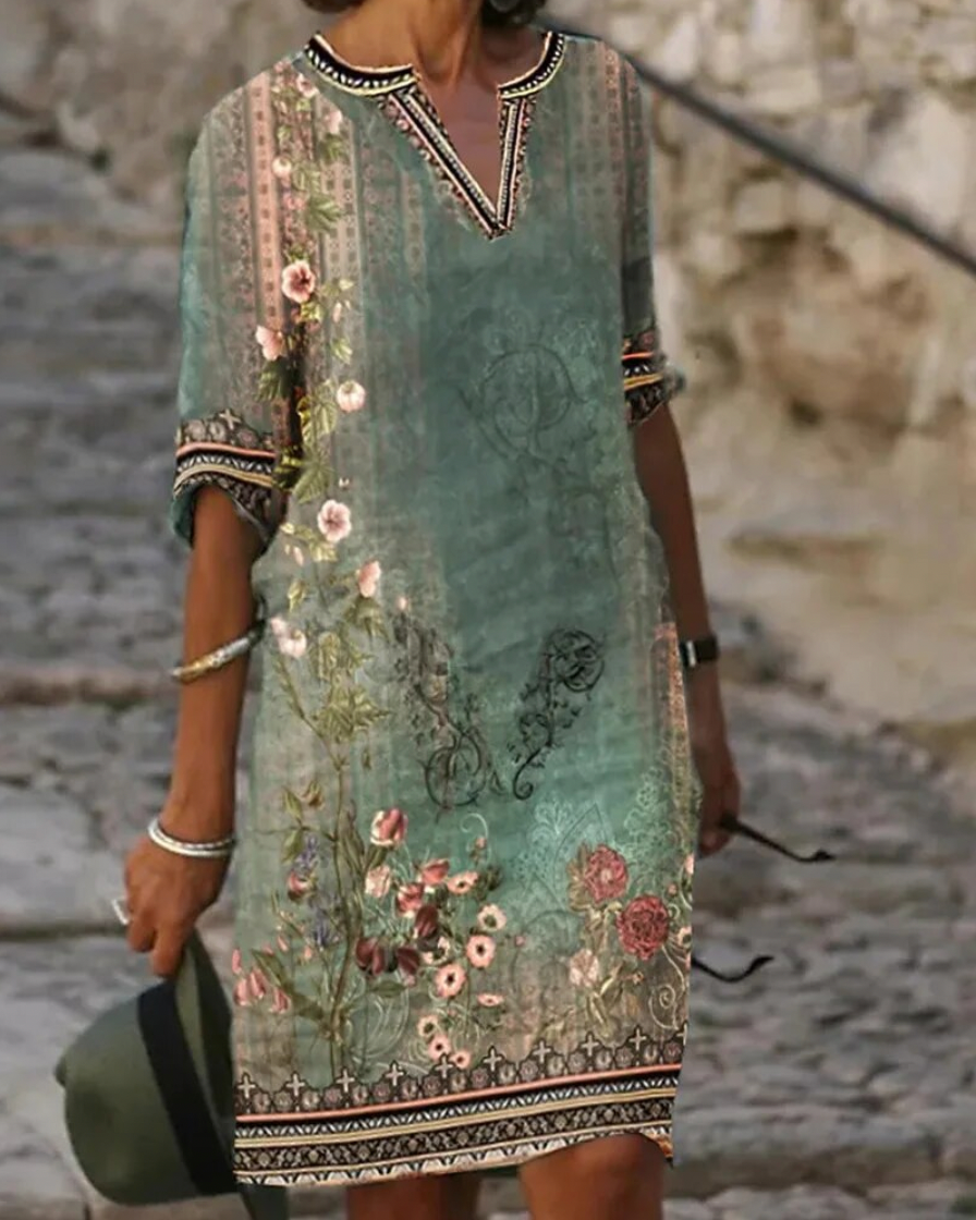 ND | Robe verte midi avec col en V et motif floral