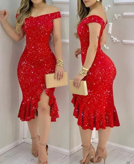 EP | Robe de cocktail brillante, épaules nues