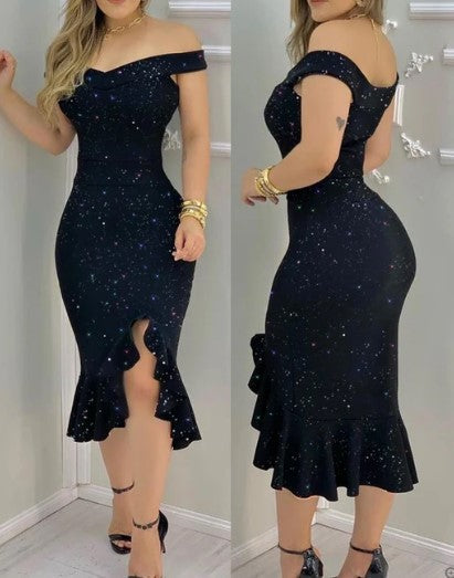 EP | Robe de cocktail brillante, épaules nues