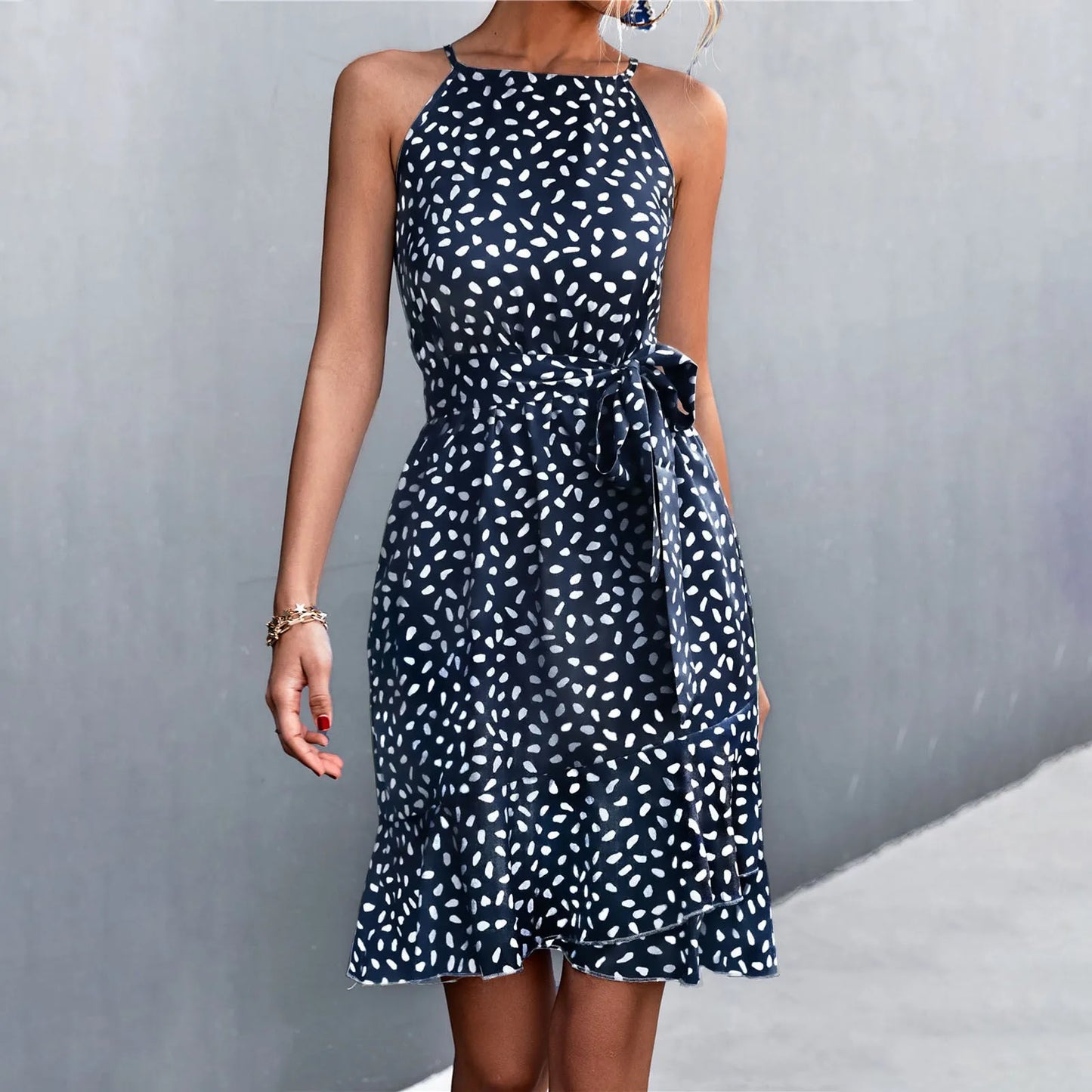 EP | 2024 Boho Floral Print Sling Laçage Robe midi avec ceinture