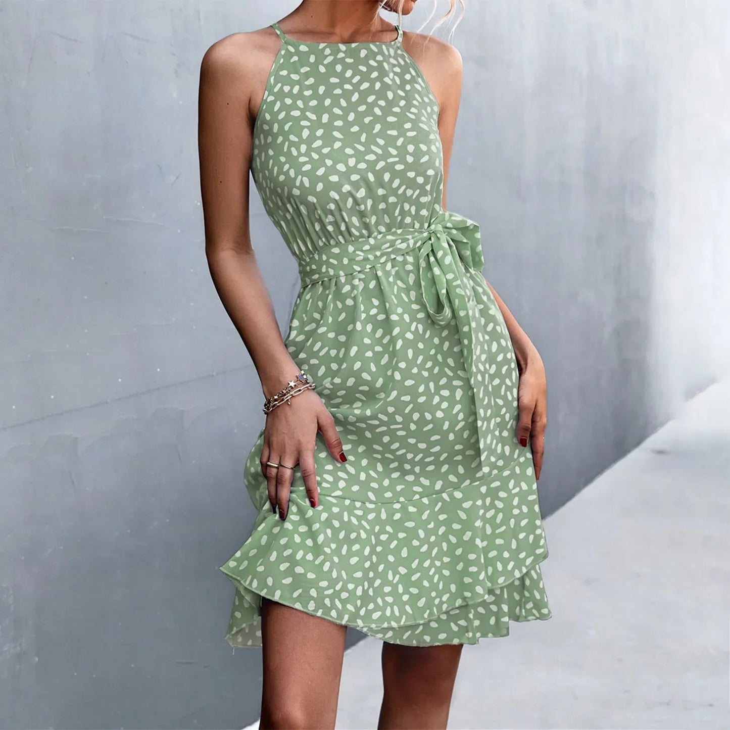 EP | 2024 Boho Floral Print Sling Laçage Robe midi avec ceinture