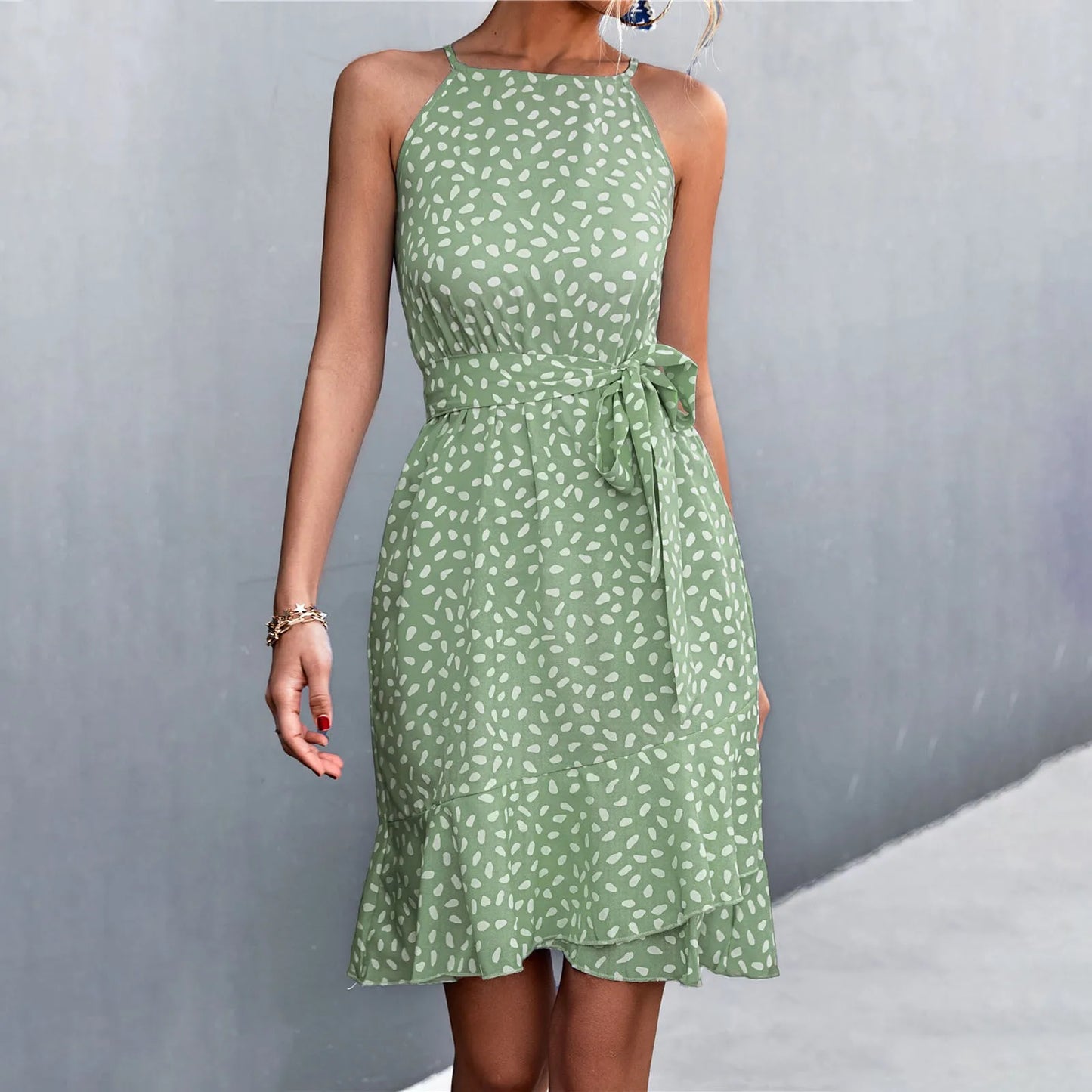 EP | 2024 Boho Floral Print Sling Laçage Robe midi avec ceinture