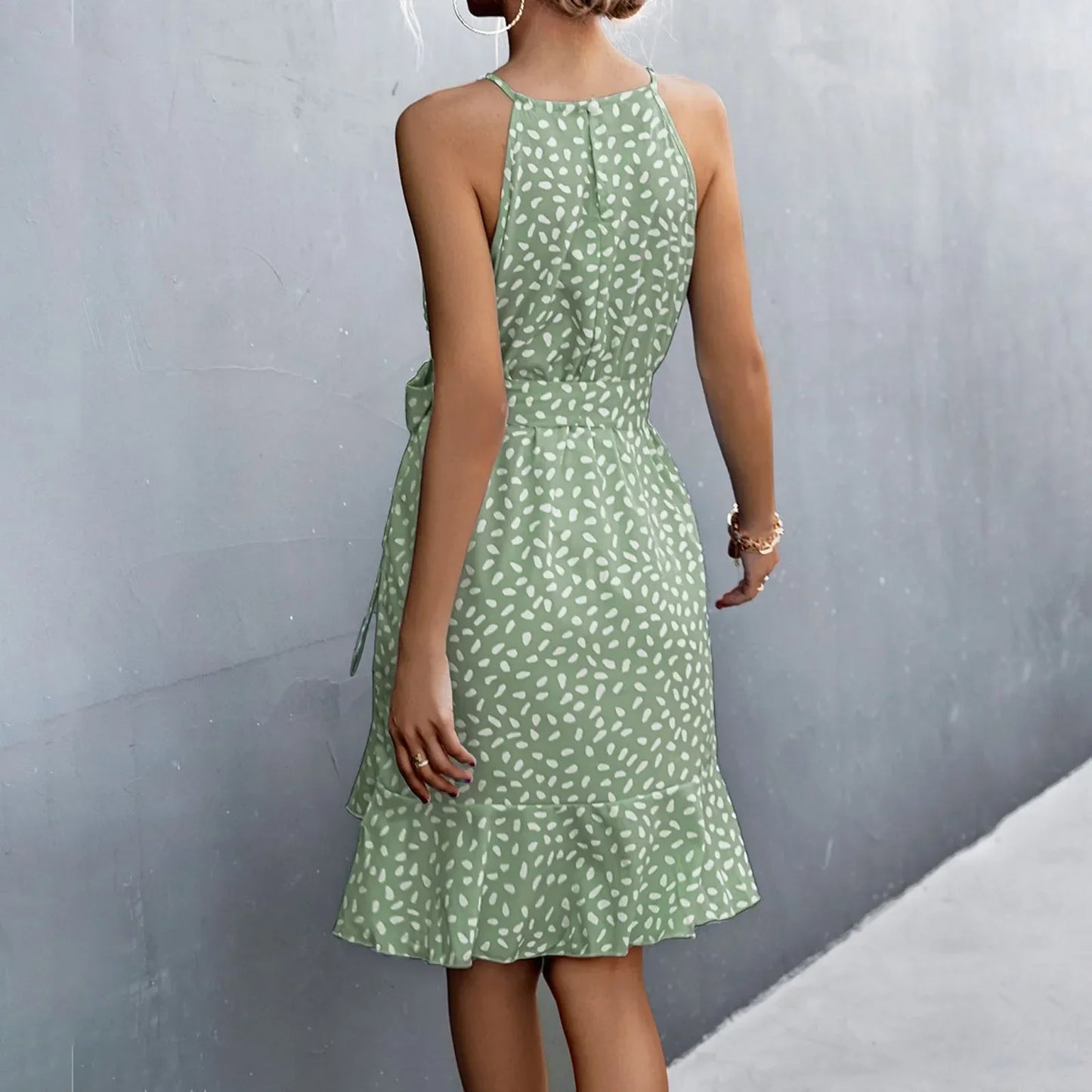 EP | 2024 Boho Floral Print Sling Laçage Robe midi avec ceinture
