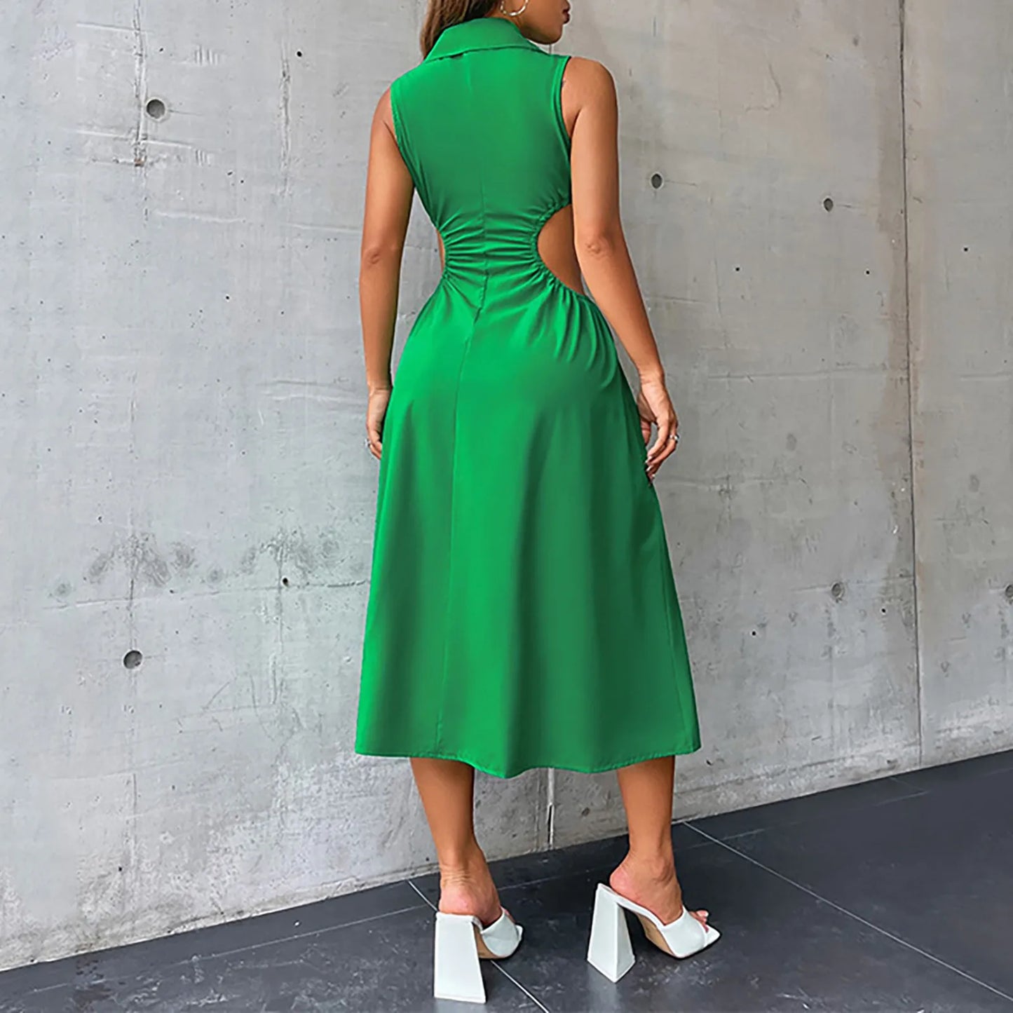 EP | Sexy Décolleté A-Line Col rabattu Sans manches Taille haute Slim Robe Midi