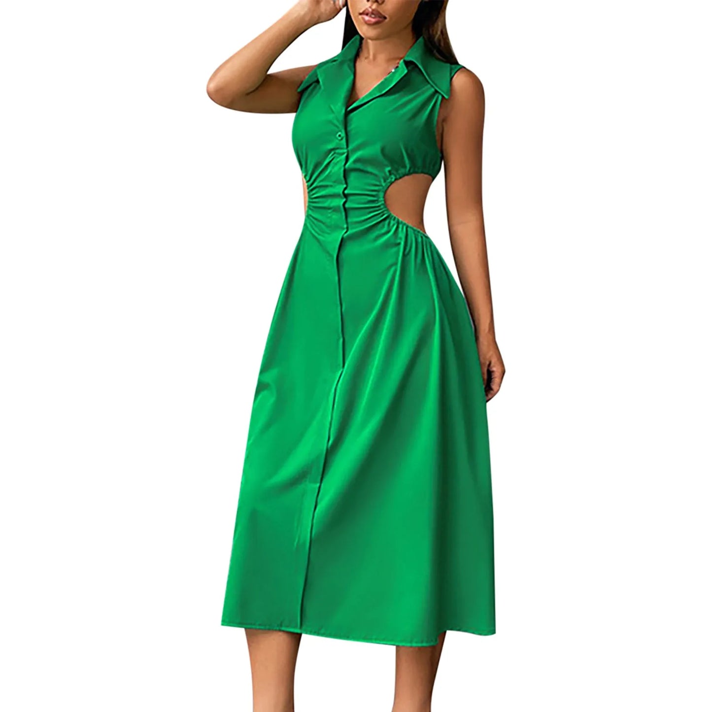 EP | Sexy Décolleté A-Line Col rabattu Sans manches Taille haute Slim Robe Midi