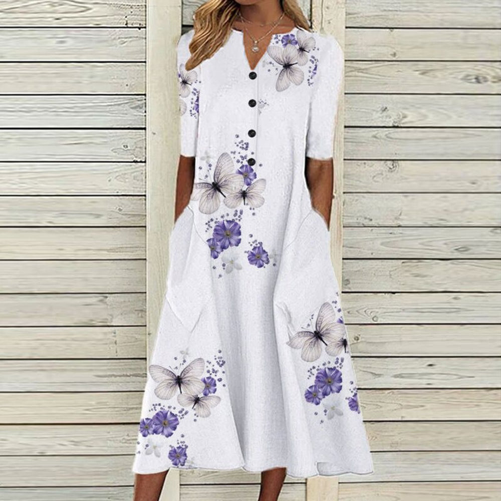 EP | Robe midi pour femme - décolleté en V - boutonnage - manches courtes - imprimé floral papillon - poches